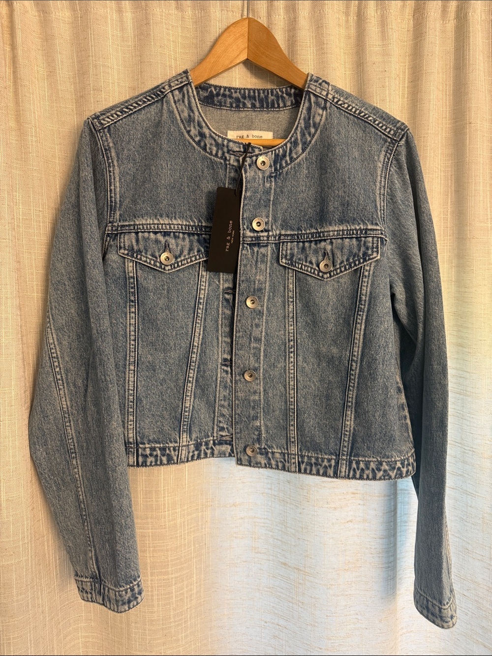 NWT rag & bone Hills Dora Light Blue Collarless Cropped Denim Jacket - Medium